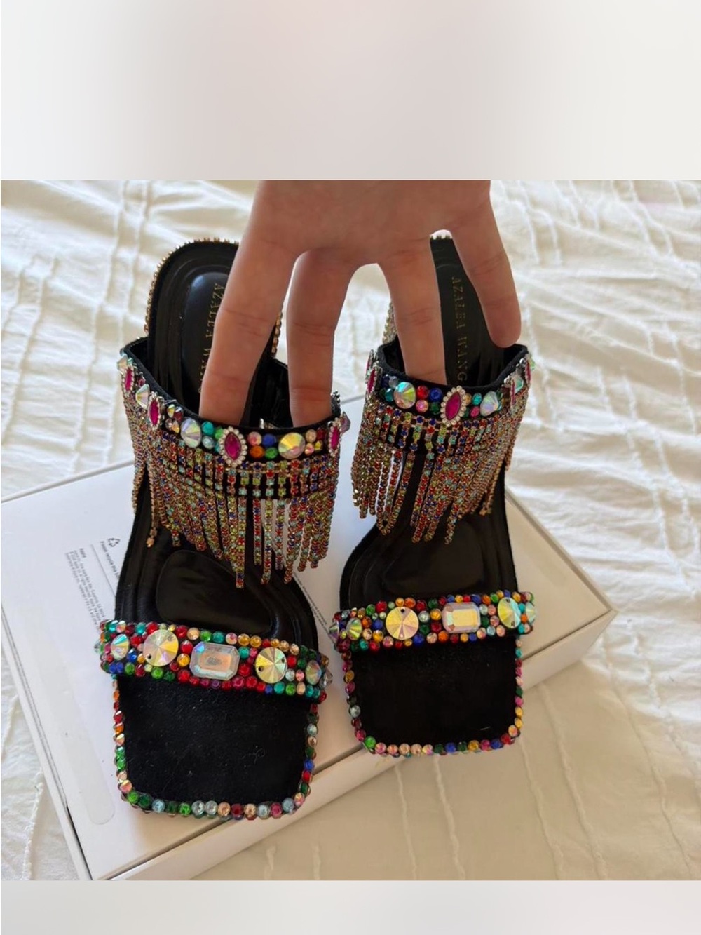 Multicolor Crystal Fringe Block Heel Sandals - Picture 2 of 6